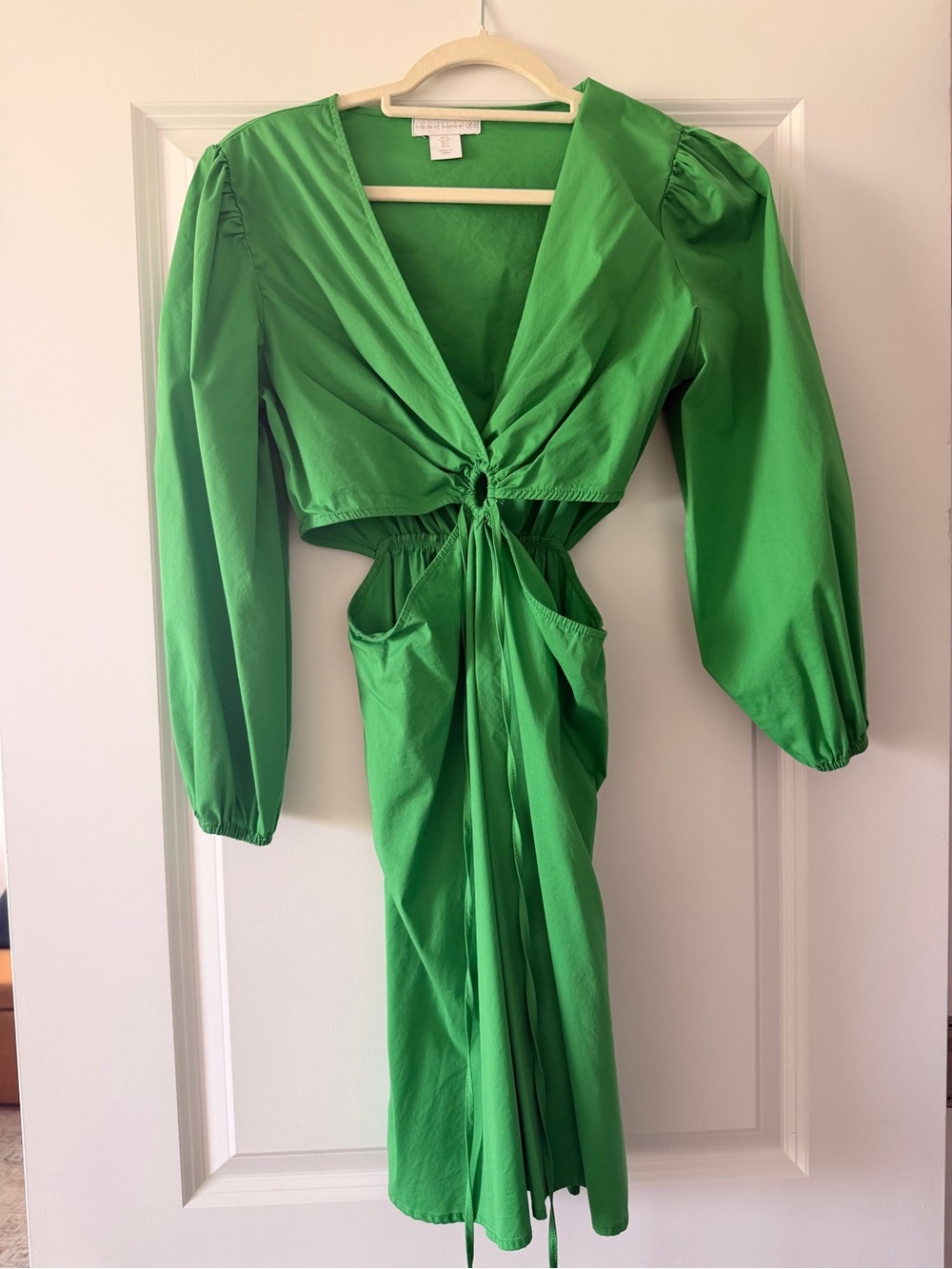 House of Harlow Green Cutout Midi Dress with Puff Sleeves